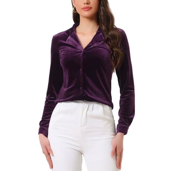 INSPIRE CHIC Women's Velvet Top Button Down Shirt V Neck Long Sleeve Retro Blouse XS Purple