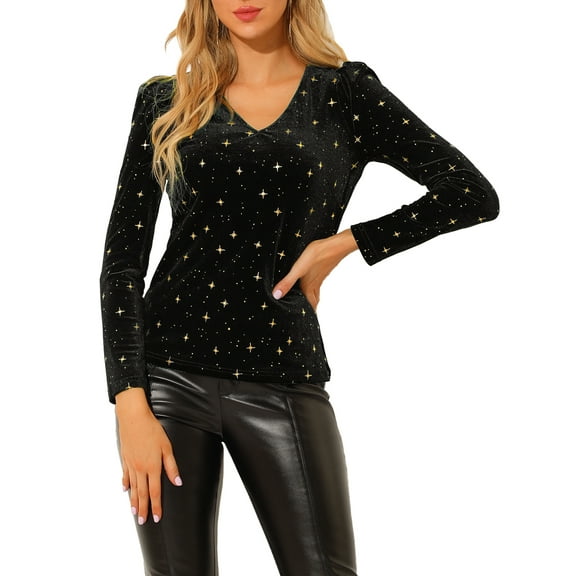 INSPIRE CHIC Women's Velvet V-Neck Long Sleeve Metallic Shiny Star Blouse XS Black