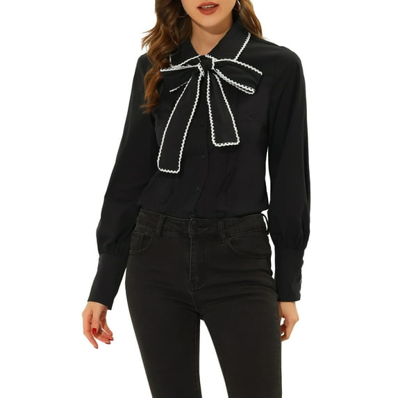 INSPIRE CHIC Women's Victorian Blouse Vintage Bow Tie Lantern Long Sleeve Button Down Shirt Black L