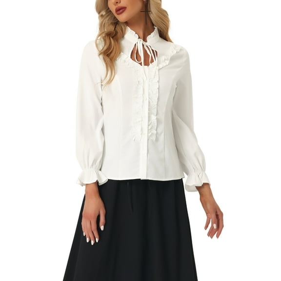 INSPIRE CHIC Women's Victorian Blouse Vintage Ruffled Long Sleeve Button Up Gothic Shirt Tops XS White