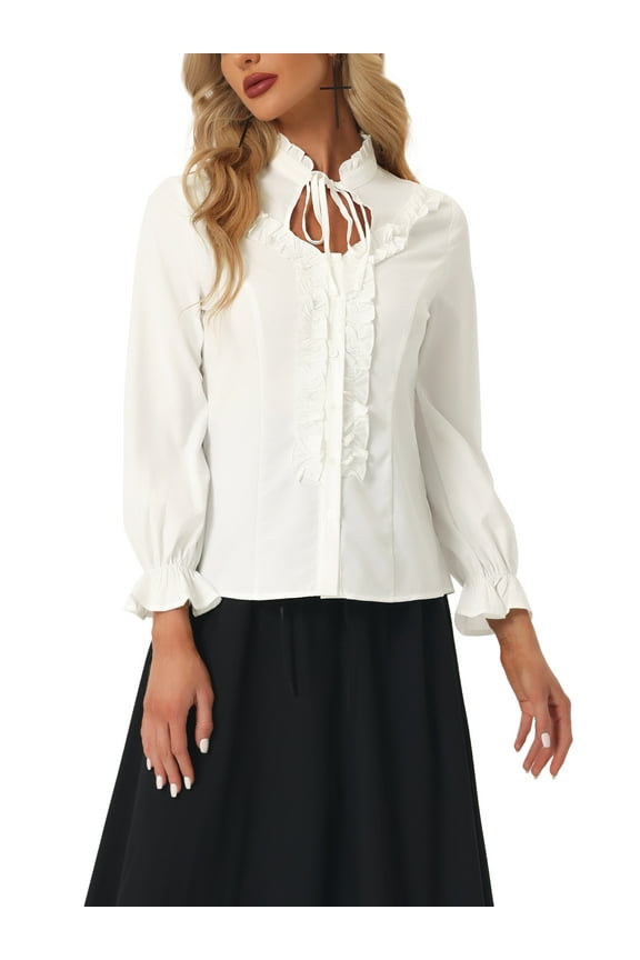 Women's Victorian Blouse Vintage Ruffled Long Sleeve Button Up Gothic Shirt Tops S White
