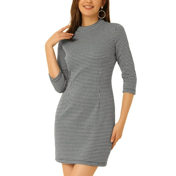 INSPIRE CHIC Women's Vintage 3/4 Sleeve Stand Collar Plaid Dress L Black