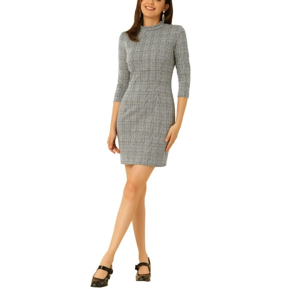 INSPIRE CHIC Women's Vintage 3/4 Sleeve Stand Collar Plaid Dress XS Black Brown