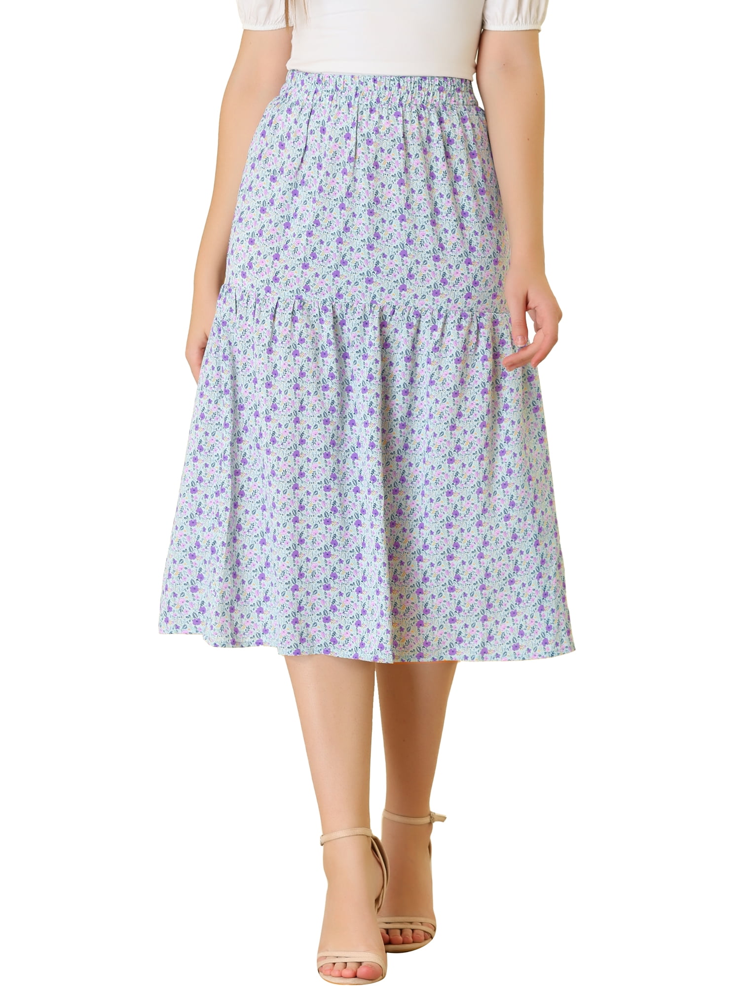 Allegra K Women's Vintage A-Line Elastic Waist Dots Floral Midi Skirt ...