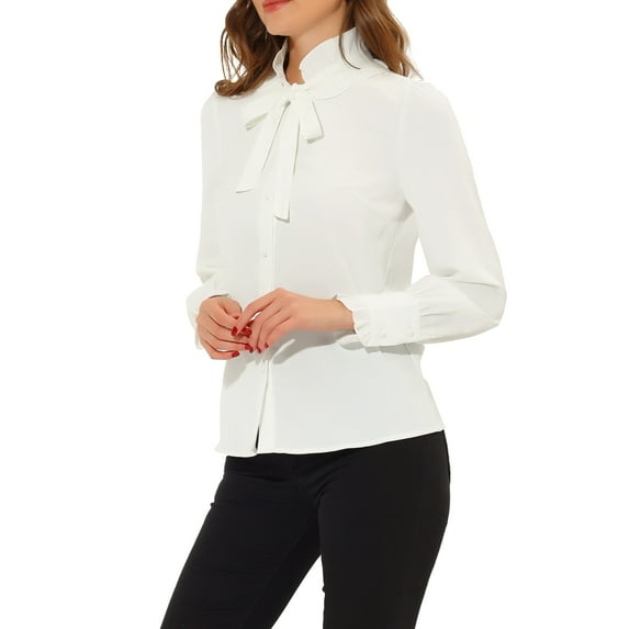 INSPIRE CHIC Women's Vintage Bow Tie Ruffle Mock Neck Lantern Long Sleeve Button Down Shirt Blouse White L