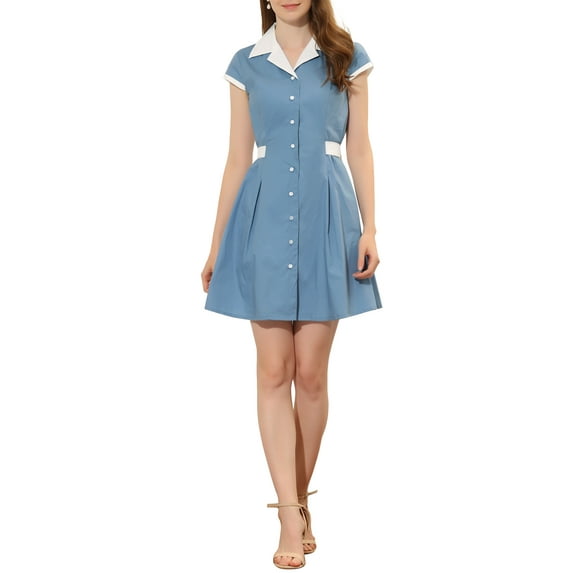 INSPIRE CHIC Women's Button Down Shirt Dress Notch Lapel Short Sleeve Belted Work Dresses L Grey Blue