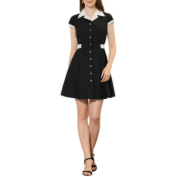 INSPIRE CHIC Women's Button Down Shirt Dress Notch Lapel Short Sleeve Belted Work Dresses XS Black