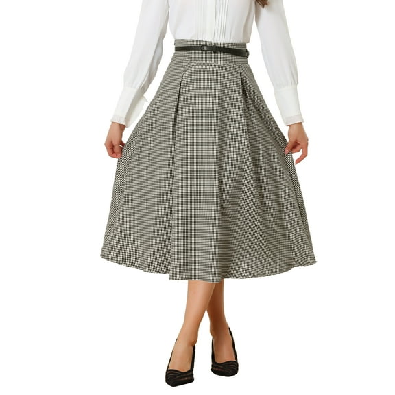 INSPIRE CHIC Women's Vintage Checked High Belted Waist A-Line Plaid Skirt