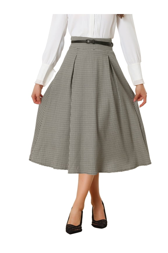 Women's Vintage Checked High Belted Waist A-Line Plaid Skirt