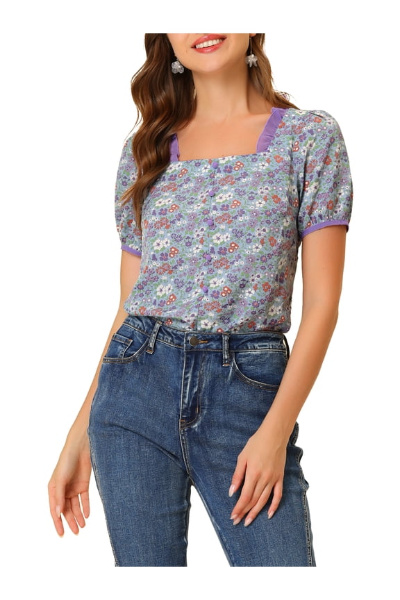 Women's Vintage Floral Contrast Color Lace Square Neck Blouse Top