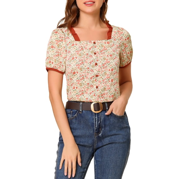 INSPIRE CHIC Women's Vintage Floral Contrast Color Lace Square Neck Blouse Top