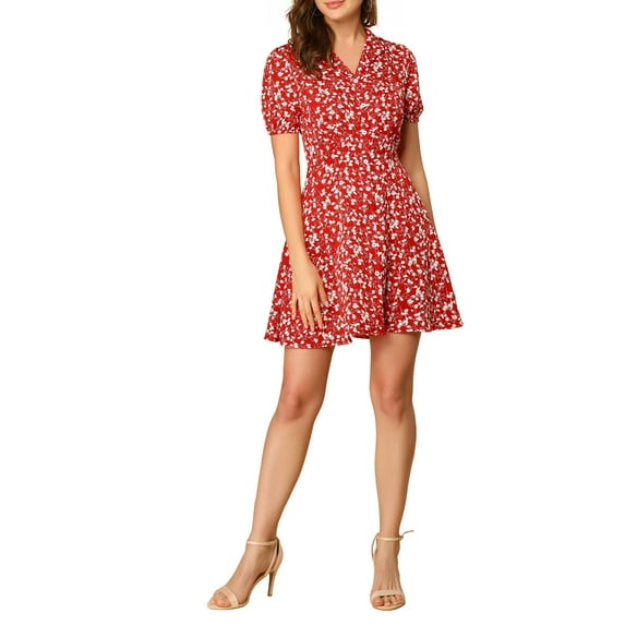 INSPIRE CHIC Women's Vintage Floral Short Sleeve Camp Collar Button Up A-Line Dress