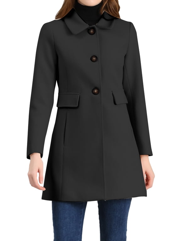 Women's Winter Coats Classic Vintage Mid-Length Peter Pan Collar Single Breasted Peacoat Overcoat L Black
