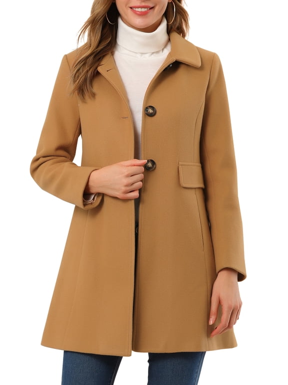 Women's Winter Coats Classic Vintage Mid-Length Peter Pan Collar Single Breasted Peacoat Overcoat L Khaki