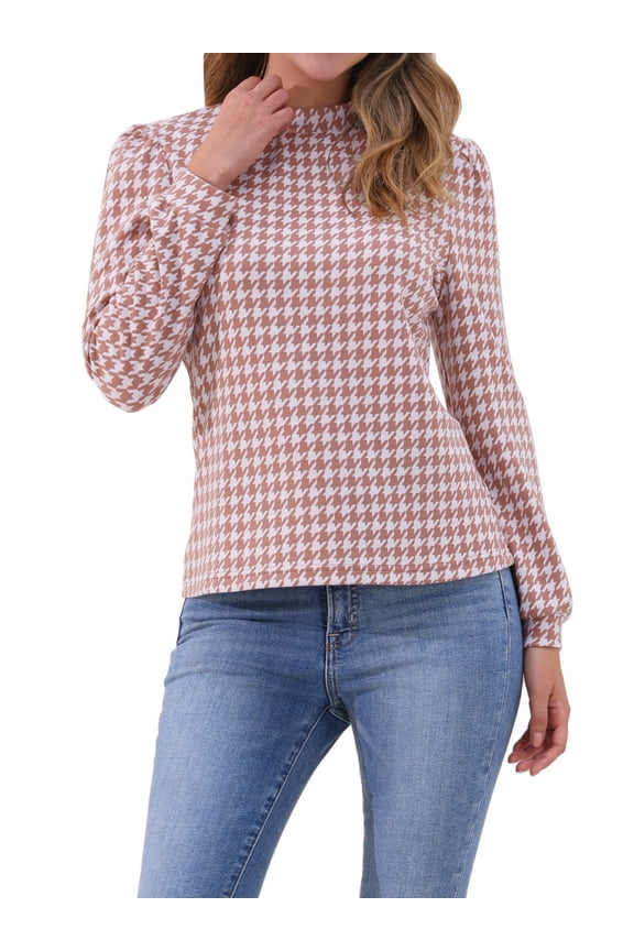 Allegra K Women's Vintage Mock Neck Puff Long Sleeve Casual Houndstooth Plaid Blouse M Pink