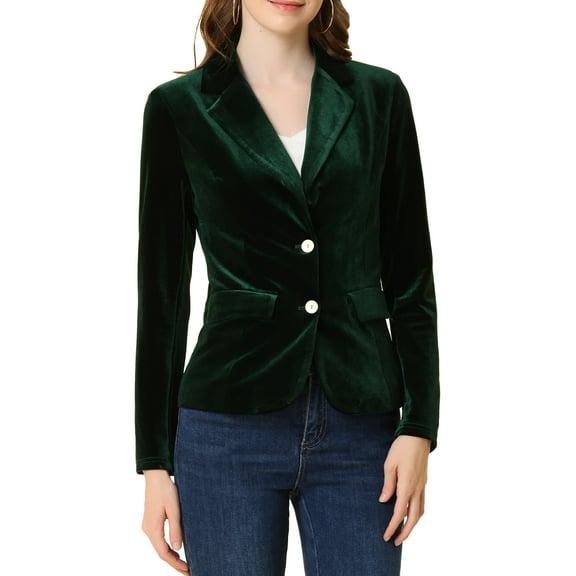 INSPIRE CHIC Women's Vintage Velvet Blazer Notched Lapel Button Front Wear-to-Work Jacket L Dark Green