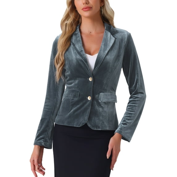 INSPIRE CHIC Women's Vintage Velvet Blazer Notched Lapel Button Front Wear-to-Work Jacket M Dark Grey