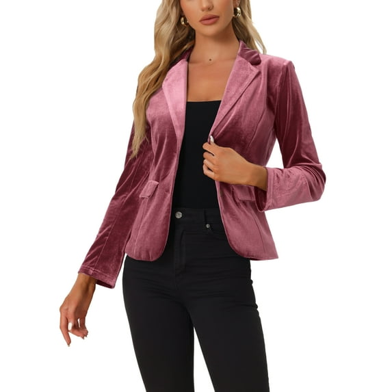 INSPIRE CHIC Women's Vintage Velvet Blazer Notched Lapel Button Front Wear-to-Work Jacket M Dirty Pink