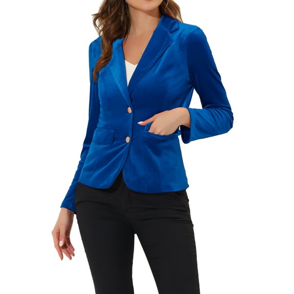 INSPIRE CHIC Women's Vintage Velvet Blazer Notched Lapel Button Front Wear-to-Work Jacket M Royal Blue