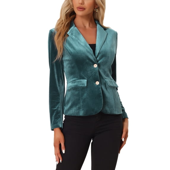 INSPIRE CHIC Women's Vintage Velvet Blazer Notched Lapel Button Front Wear-to-Work Jacket S Dark Blue Grey