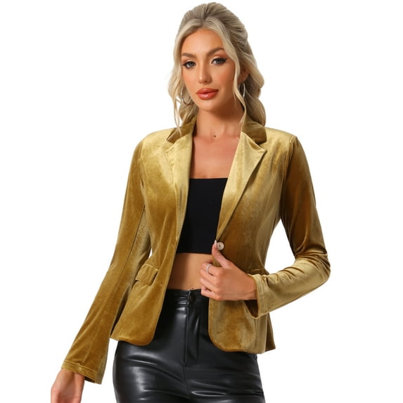 INSPIRE CHIC Women's Vintage Velvet Blazer Notched Lapel Button Front Wear-to-Work Jacket S Golden Brown