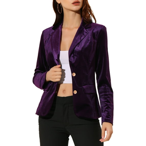 INSPIRE CHIC Women's Vintage Velvet Blazer Notched Lapel Button Front Wear-to-Work Jacket S Purple