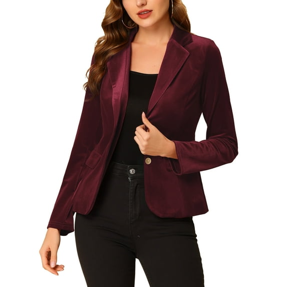 INSPIRE CHIC Women's Vintage Velvet Blazer Notched Lapel Button Front Wear-to-Work Jacket XL Dark Red