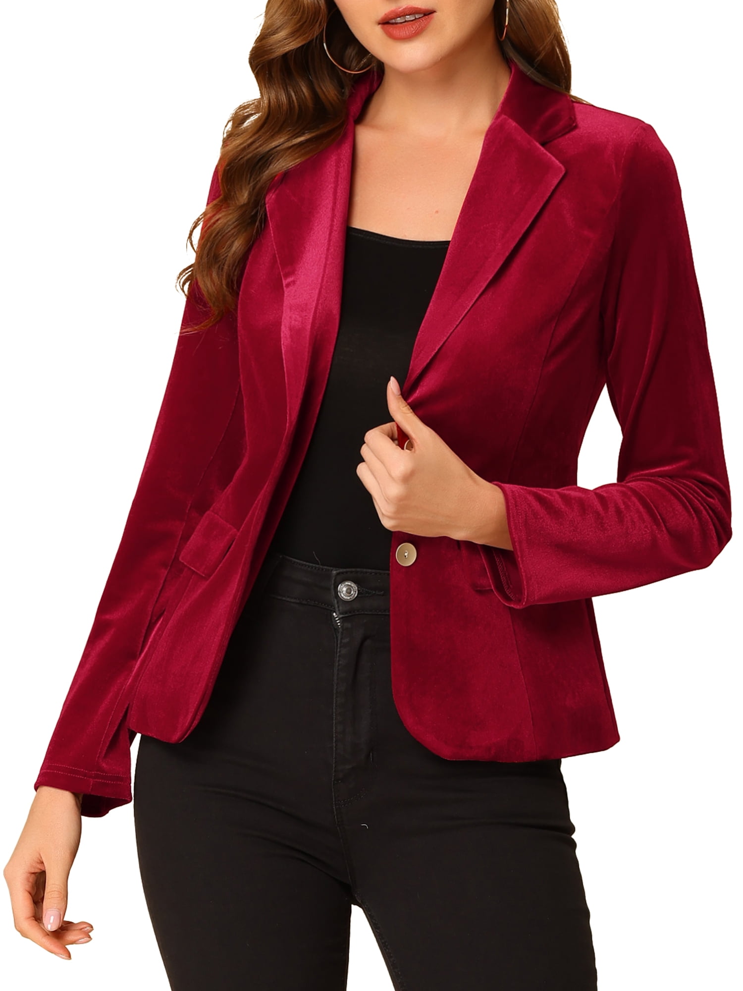 Allegra K Women's Vintage Notched Lapel Button Front Office Velvet ...