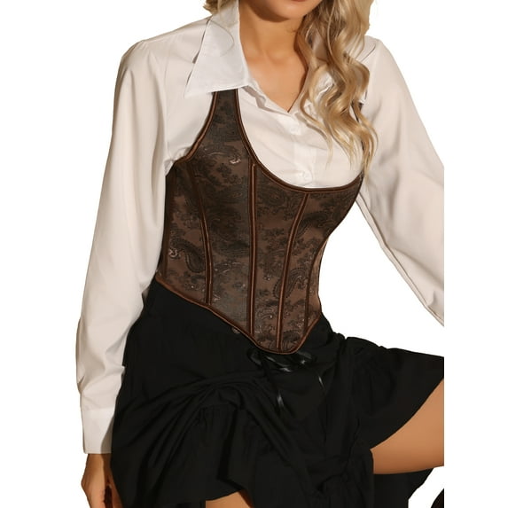 INSPIRE CHIC Women's Vintage Paisley Sexy Halter Corset Lace Up Backless Boned Bustier Crop Tops M Brown