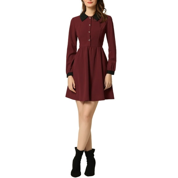 INSPIRE CHIC Women's Vintage Peter Pan Collar Contrast Half Placket Long Sleeve A-Line Swing Short Dress M Burgundy