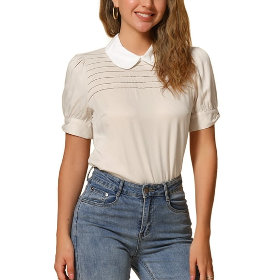INSPIRE CHIC Women's Shirts Vintage Peter Pan Collar Puff Short Sleeve Chic Blouse Top XS Light Apricot