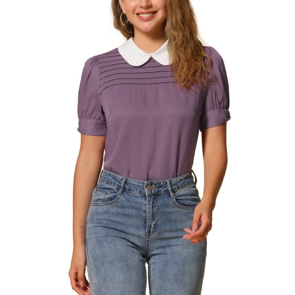INSPIRE CHIC Women's Shirts Vintage Peter Pan Collar Puff Short Sleeve Chic Blouse Top XS Taro Purple