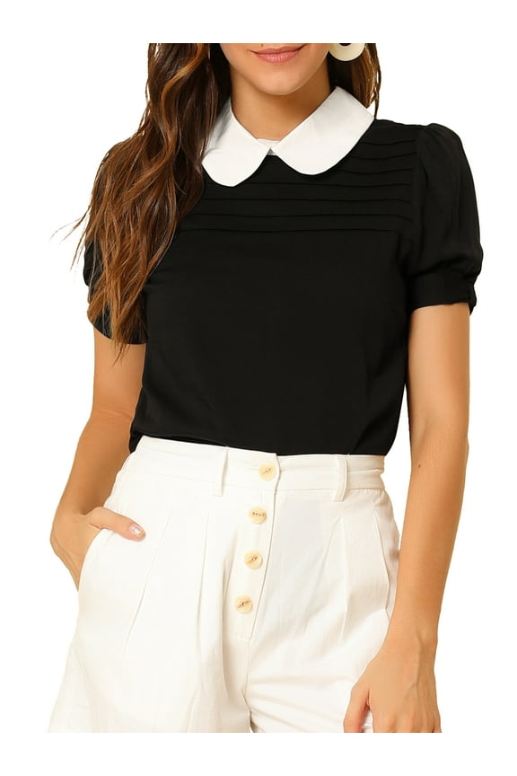 Women's Shirts Vintage Peter Pan Collar Puff Short Sleeve Chic Blouse Top L Black