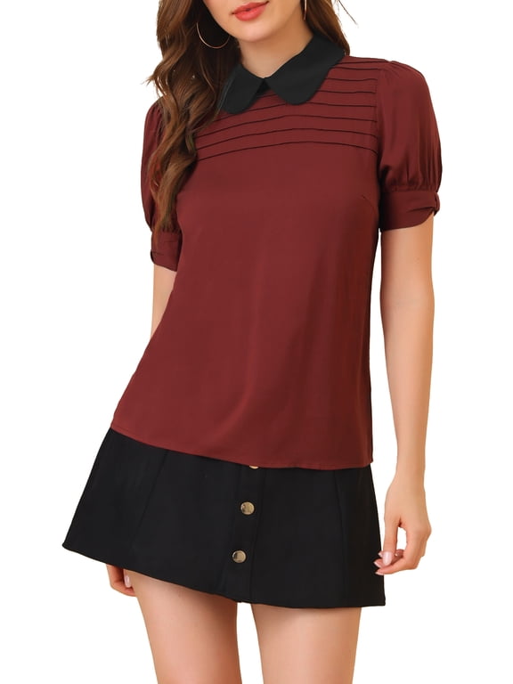 Women's Vintage Peter Pan Collar Contrast Puff Short Sleeve Blouse Top L Burgundy