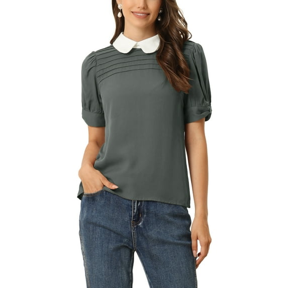 INSPIRE CHIC Women's Shirts Vintage Peter Pan Collar Puff Short Sleeve Chic Blouse Top L Grey