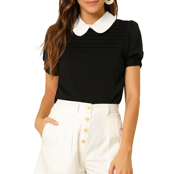 INSPIRE CHIC Women's Shirts Vintage Peter Pan Collar Puff Short Sleeve Chic Blouse Top M Black