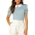 thumbnail image 1 of INSPIRE CHIC Women's Vintage Peter Pan Collar Contrast Puff Short Sleeve Blouse Top M Blue, 1 of 7