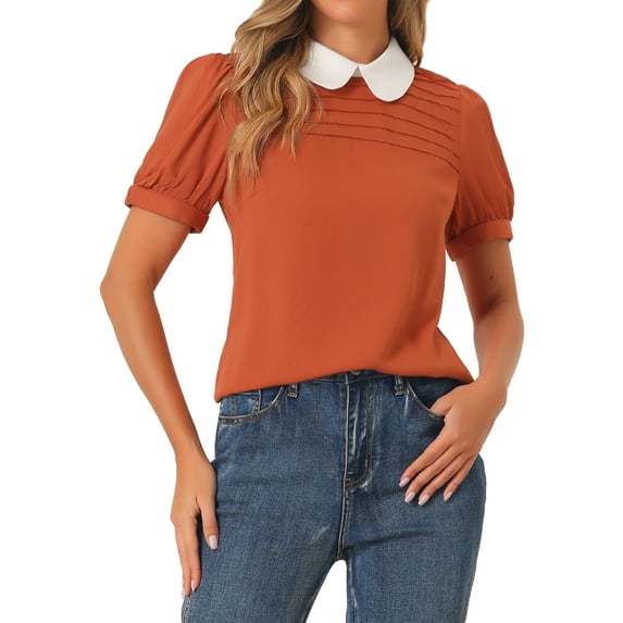 INSPIRE CHIC Women's Shirts Vintage Peter Pan Collar Puff Short Sleeve Chic Blouse Top S Caramel