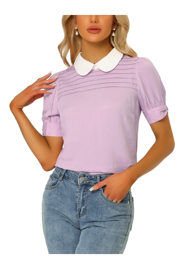 Women's Shirts Vintage Peter Pan Collar Puff Short Sleeve Chic Blouse Top S Light Purple