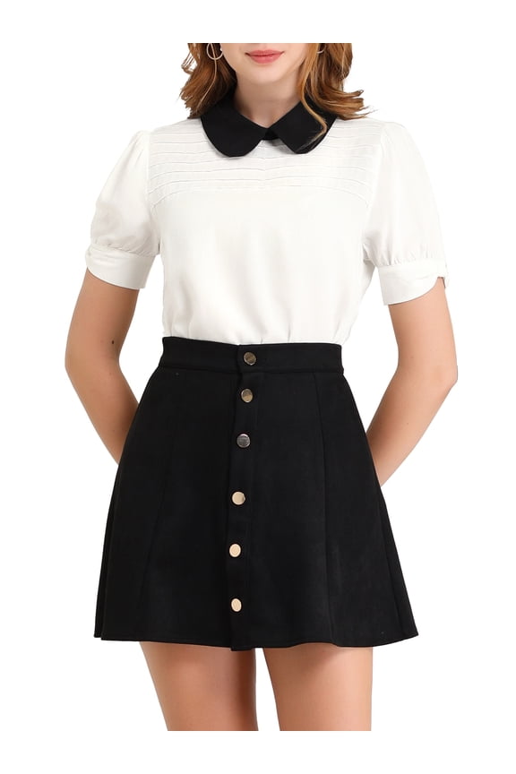 Women's Vintage Peter Pan Collar Contrast Puff Short Sleeve Blouse Top S White