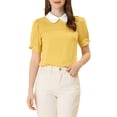thumbnail image 1 of INSPIRE CHIC Women's Vintage Peter Pan Collar Contrast Puff Short Sleeve Blouse Top XL Light Yellow, 1 of 6