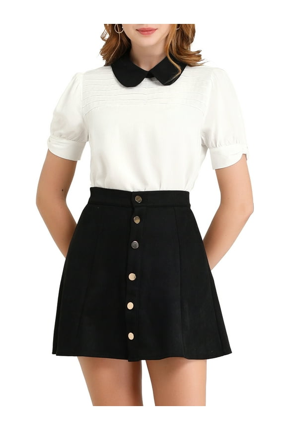 Women's Shirts Vintage Peter Pan Collar Puff Short Sleeve Chic Blouse Top XS White