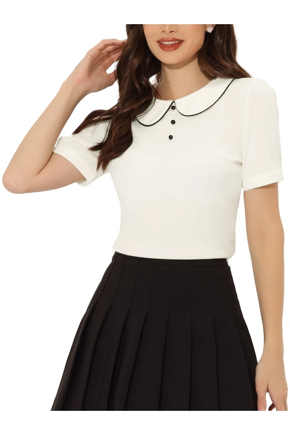 Women's Vintage Peter Pan Collar Contrast Trim Puff Short Sleeve Blouse Top M White