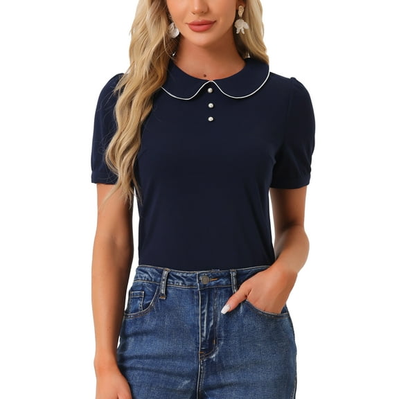 INSPIRE CHIC Women's Vintage Peter Pan Collar Contrast Trim Puff Short Sleeve Blouse Top