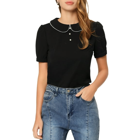 INSPIRE CHIC Women's Vintage Peter Pan Collar Contrast Trim Puff Short Sleeve Blouse Top