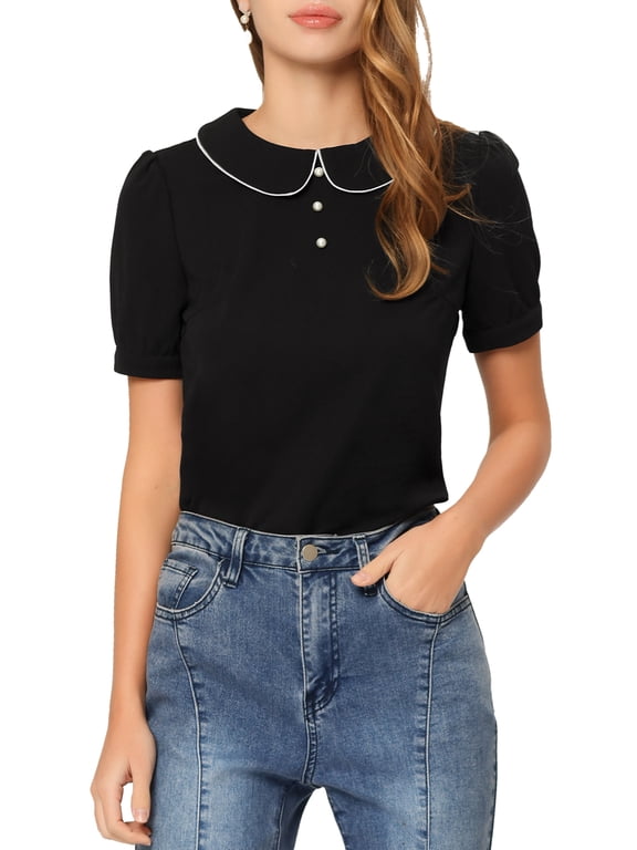 Women's Vintage Peter Pan Collar Contrast Trim Puff Short Sleeve Blouse Top M Black