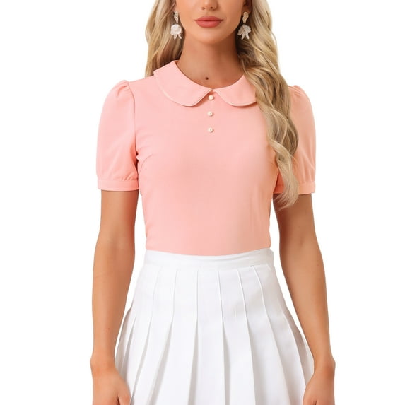 INSPIRE CHIC Women's Vintage Peter Pan Collar Contrast Trim Puff Short Sleeve Blouse Top