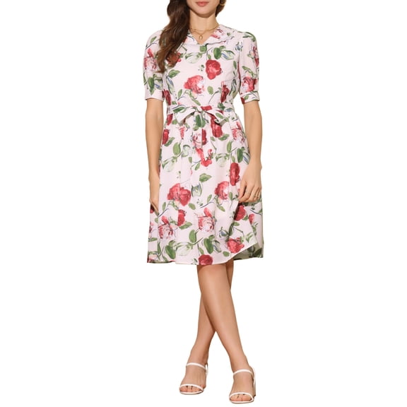 INSPIRE CHIC Women's Vintage Peter Pan Collar High Waist Flowy Midi Puff Sleeve Floral Dress L Beige Red
