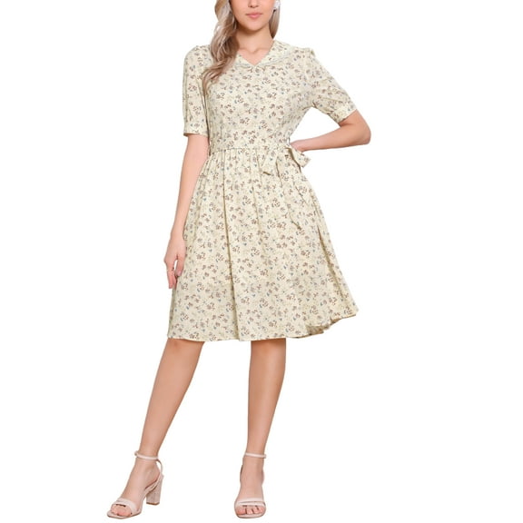 INSPIRE CHIC Women's Vintage Peter Pan Collar High Waist Flowy Midi Puff Sleeve Floral Dress XL Light Beige