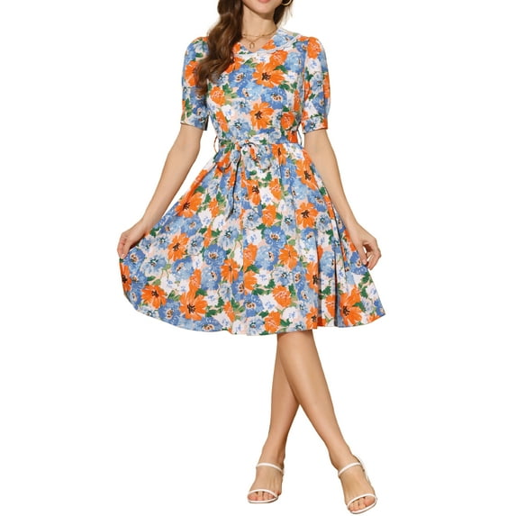 INSPIRE CHIC Women's Vintage Peter Pan Collar High Waist Flowy Midi Puff Sleeve Floral Dress XL Orange Blue